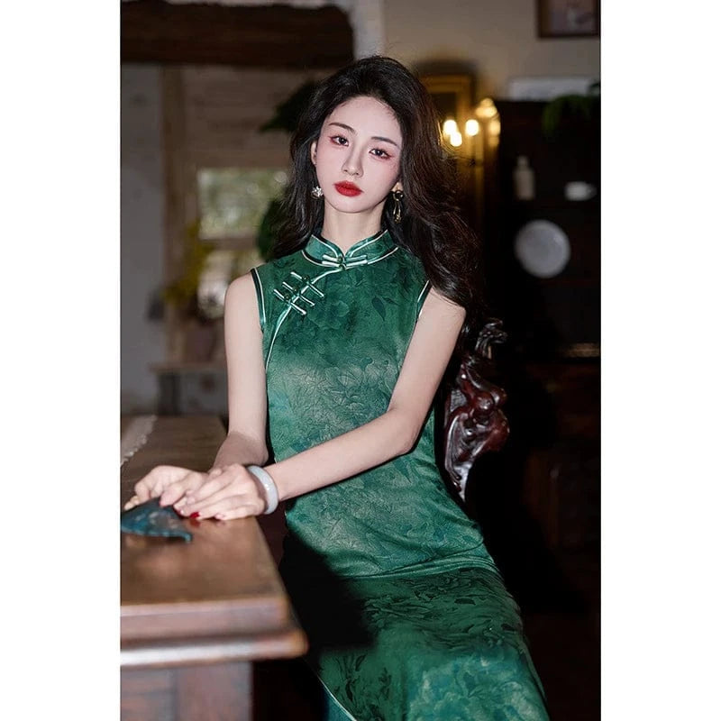 Beth and Brian Qipao-HY Floral print, sleeveless midi Cheongsam
