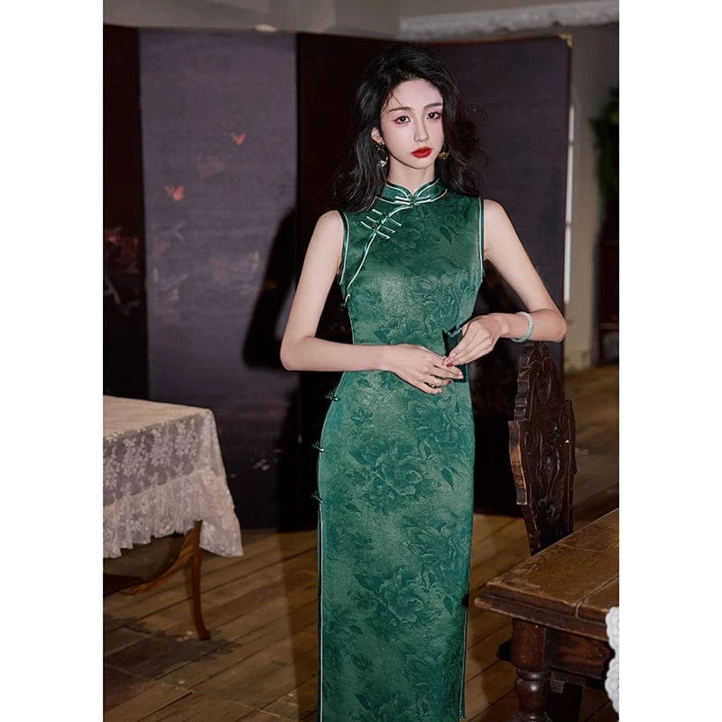 Beth and Brian Qipao-HY Floral print, sleeveless midi Cheongsam