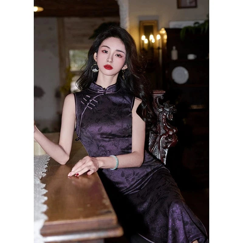 Beth and Brian Qipao-HY Spring and summer collection, floral print, purple midi Qipao
