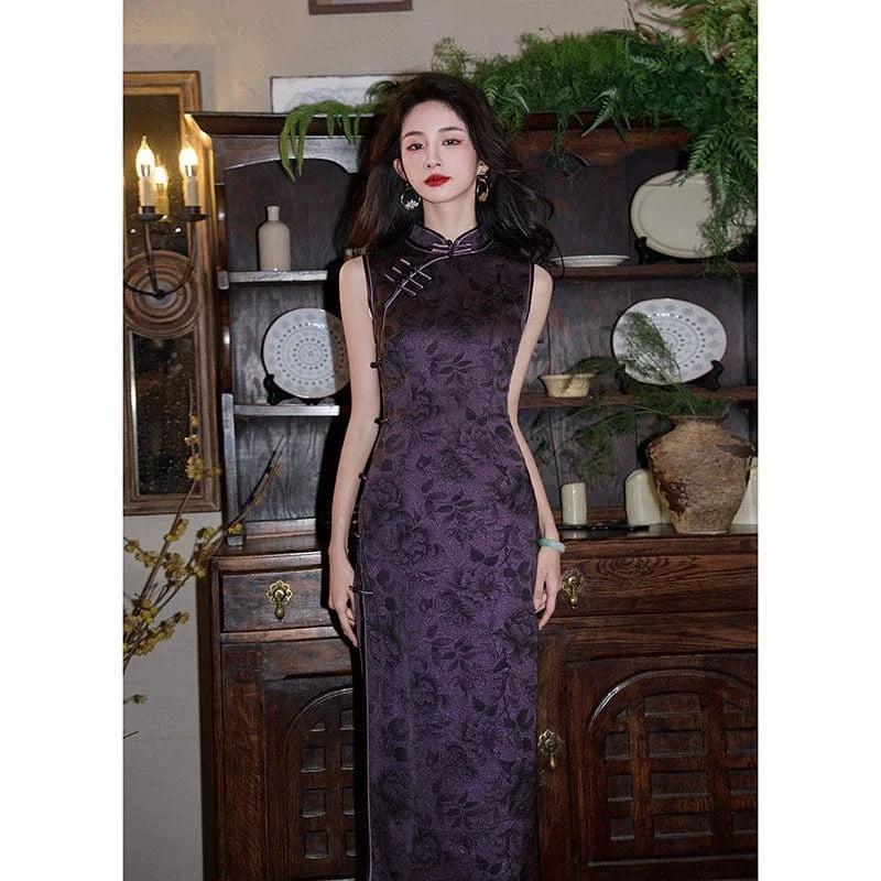 Beth and Brian Qipao-HY Spring and summer collection, floral print, purple midi Qipao