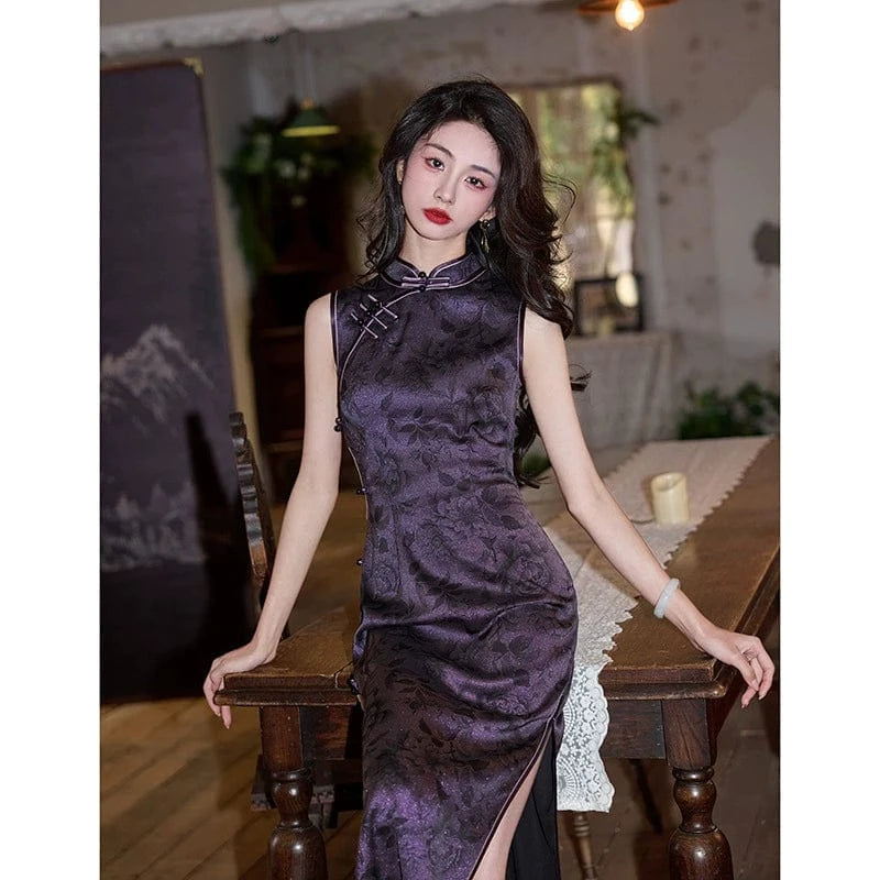 Beth and Brian Qipao-HY Spring and summer collection, floral print, purple midi Qipao