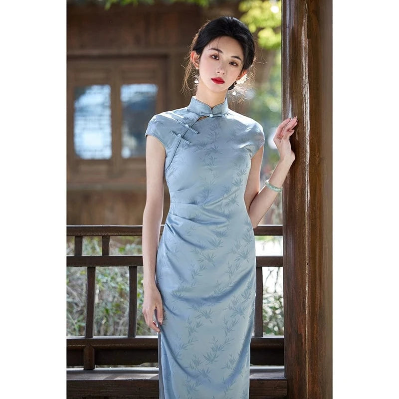 Beth and Brian Qipao-HY Bamboo leaf pattern, light blue midi Cheongsam