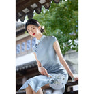 Beth and Brian Qipao-HY Bamboo leaf pattern, light blue midi Cheongsam