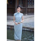 Beth and Brian Qipao-HY Bamboo leaf pattern, light blue midi Cheongsam