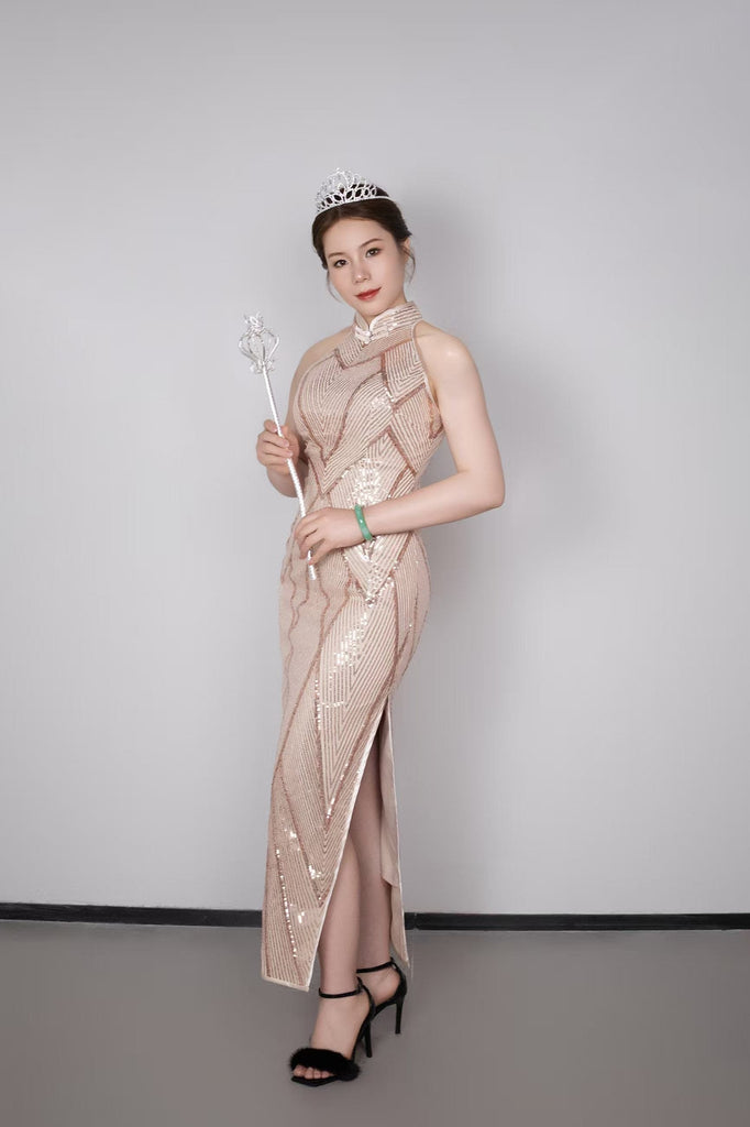 Beth and Brian Qipao - SD Exclusive designer collection, Sequins Champaign short Qipao