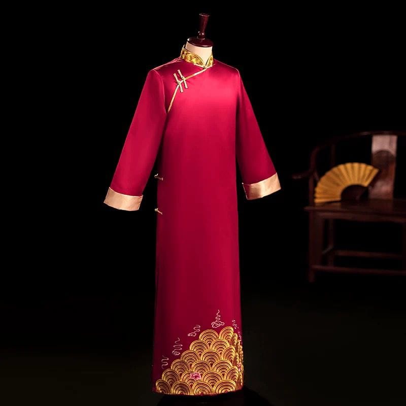 Beth and Brian Qipao-YSYS Satin fabric, wine red, Chinese Tang suit robe and Crosstalk gown