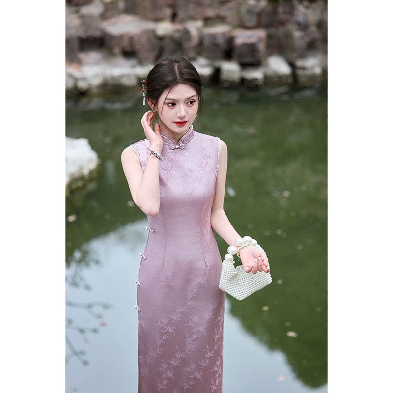 Beth and Brian Qipao-HY Leaf pattern, sleeveless midi Cheongsam