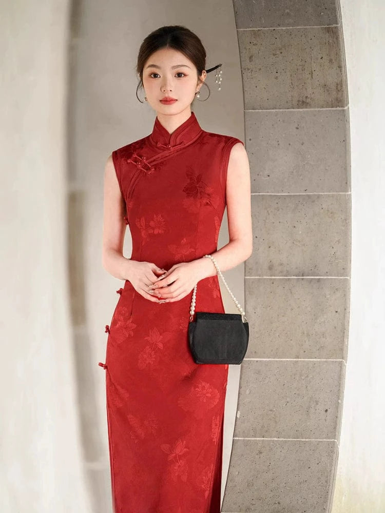 Beth and Brian Qipao-XL Sleeveless, floral pattern midi Cheongsam