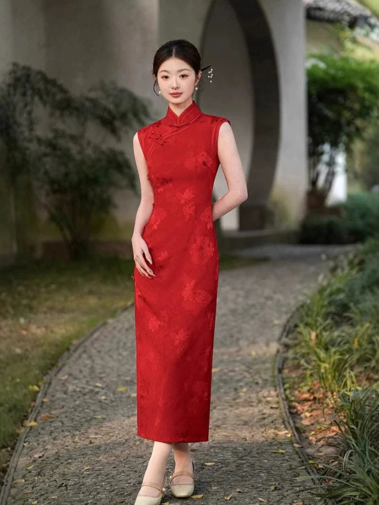 Beth and Brian Qipao-XL Sleeveless, floral pattern midi Cheongsam