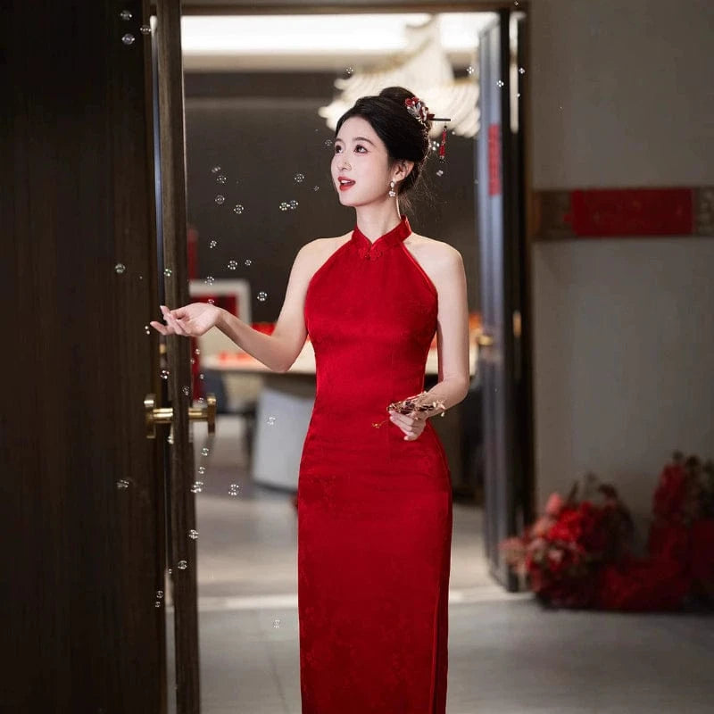 Beth and Brian Qipao-FRY New Chinese style (新中式), halter red midi Cheongsam