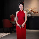 Beth and Brian Qipao-FRY New Chinese style (新中式), halter red midi Cheongsam
