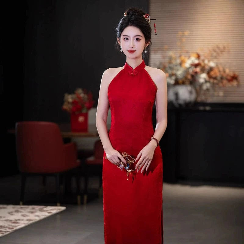 Beth and Brian Qipao-FRY New Chinese style (新中式), halter red midi Cheongsam