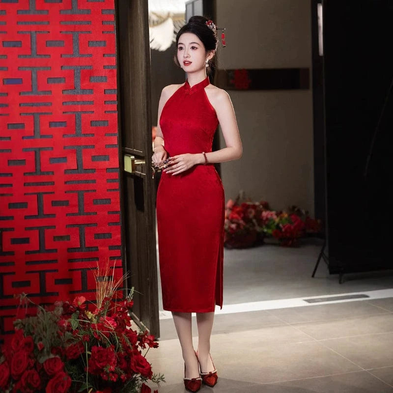 Beth and Brian Qipao-FRY New Chinese style (新中式), halter red midi Cheongsam
