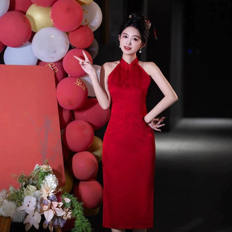 Beth and Brian Qipao-FRY New Chinese style (新中式), halter red midi Cheongsam