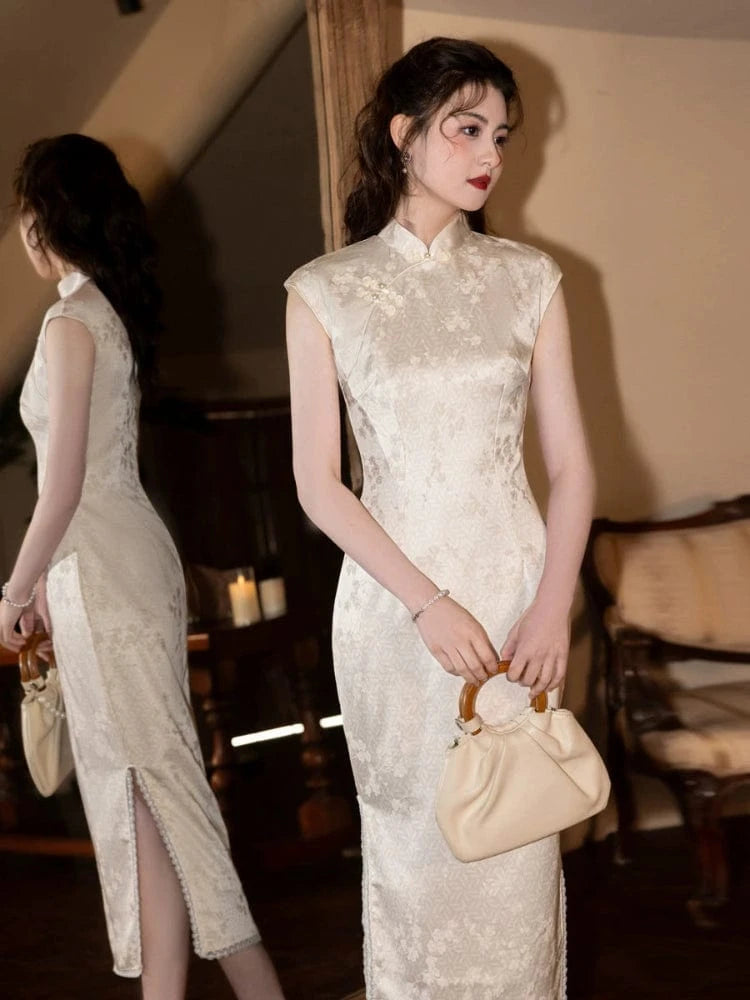 Beth and Brian Qipao-MYJ Floral pattern, jacquard satin long Cheongsam