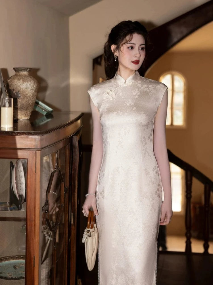 Beth and Brian Qipao-MYJ Floral pattern, jacquard satin long Cheongsam