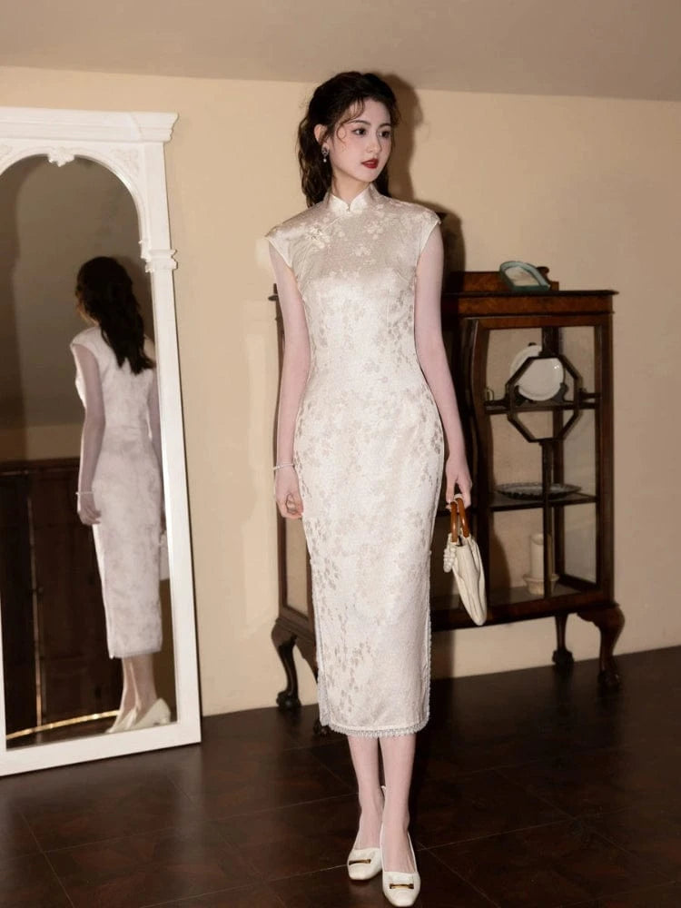 Beth and Brian Qipao-MYJ Floral pattern, jacquard satin long Cheongsam