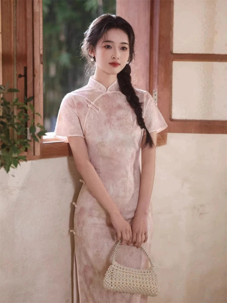 Beth and Brian Qipao - JN Satin fabric, pink&grey midi Cheongsam