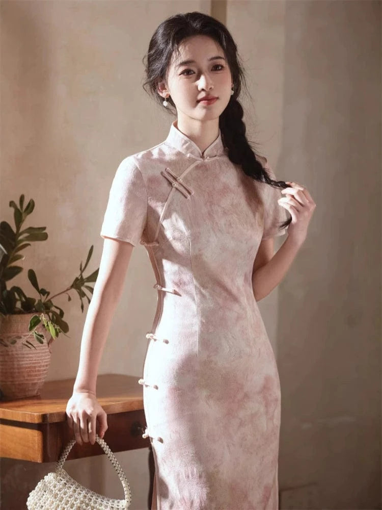 Beth and Brian Qipao - JN Satin fabric, pink&grey midi Cheongsam