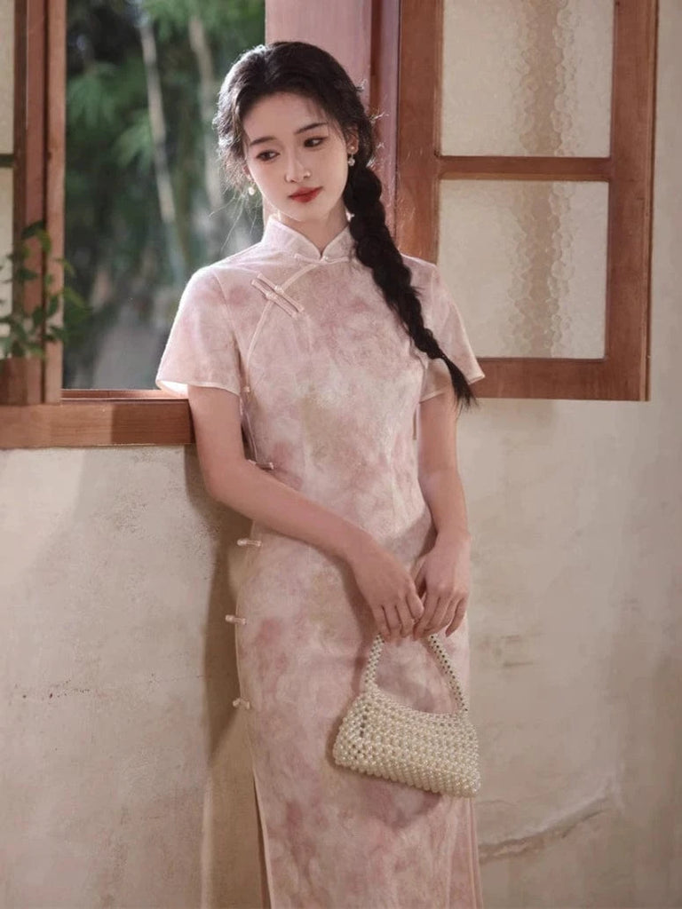 Beth and Brian Qipao - JN Satin fabric, pink&grey midi Cheongsam