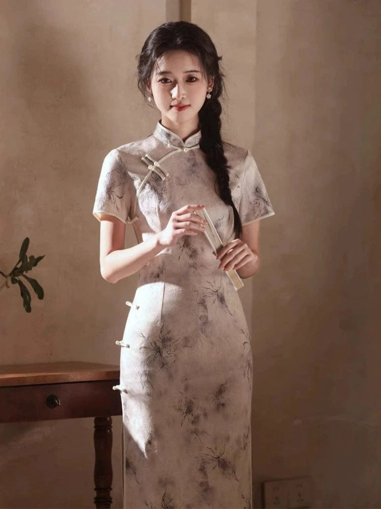 Beth and Brian Qipao - JN Satin fabric, pink&grey midi Cheongsam