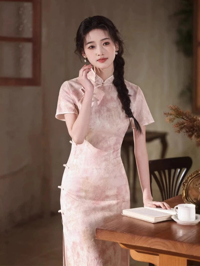 Beth and Brian Qipao - JN Satin fabric, pink&grey midi Cheongsam