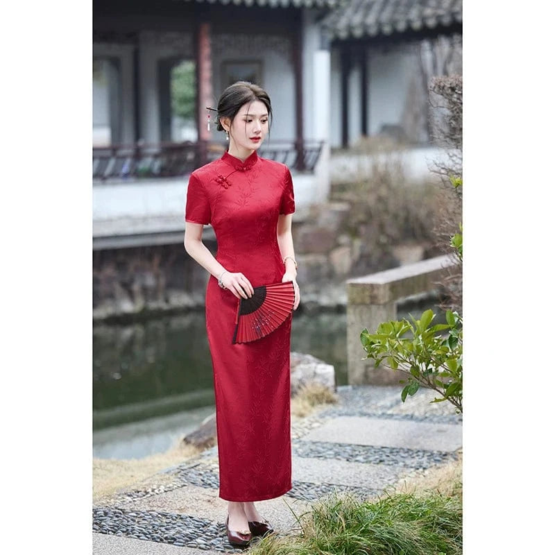 Beth and Brian Qipao-HY Plus size, bamboo leaf pattern, jacquard satin long Cheongsam