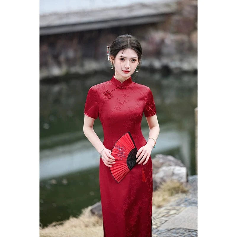 Beth and Brian Qipao-HY Plus size, bamboo leaf pattern, jacquard satin long Cheongsam