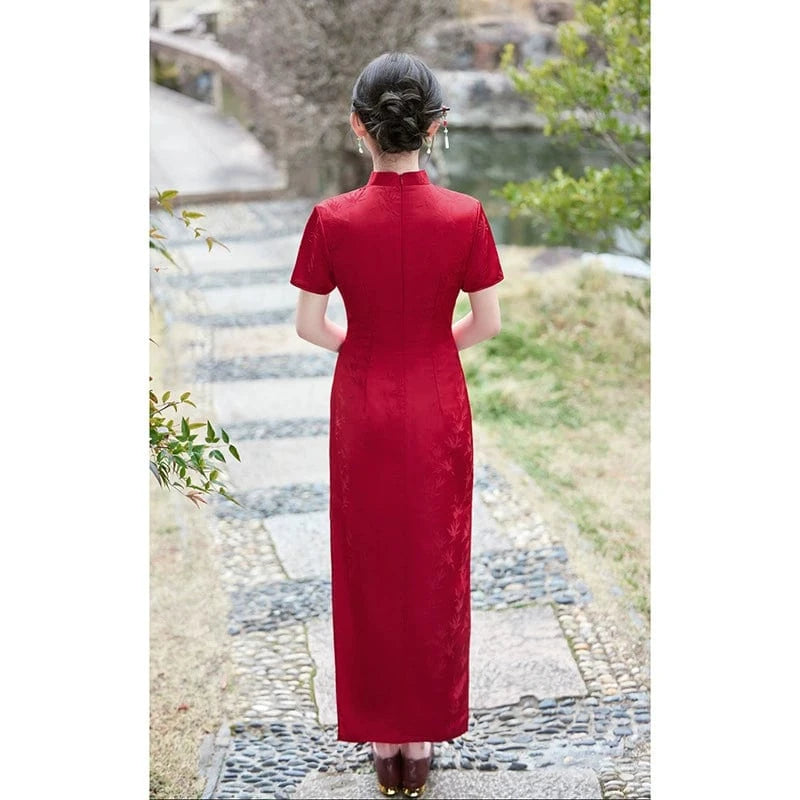 Beth and Brian Qipao-HY Plus size, bamboo leaf pattern, jacquard satin long Cheongsam