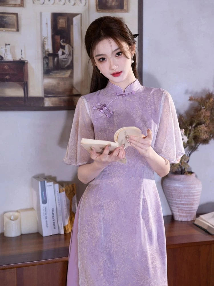 Beth and Brian Qipao-MYJ Floral pattern, purple midi Cheongsam