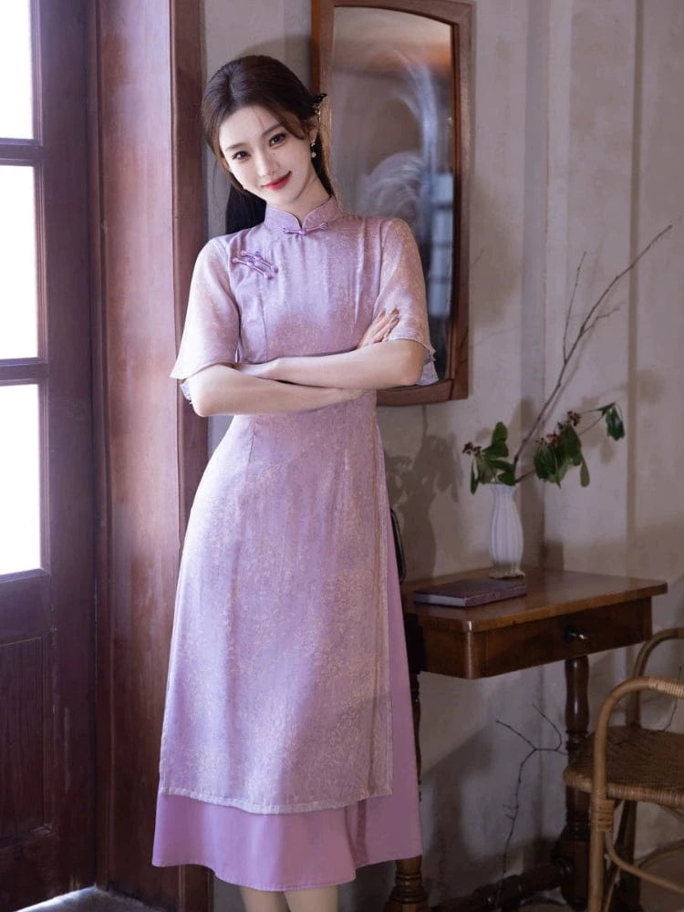 Beth and Brian Qipao-MYJ Floral pattern, purple midi Cheongsam