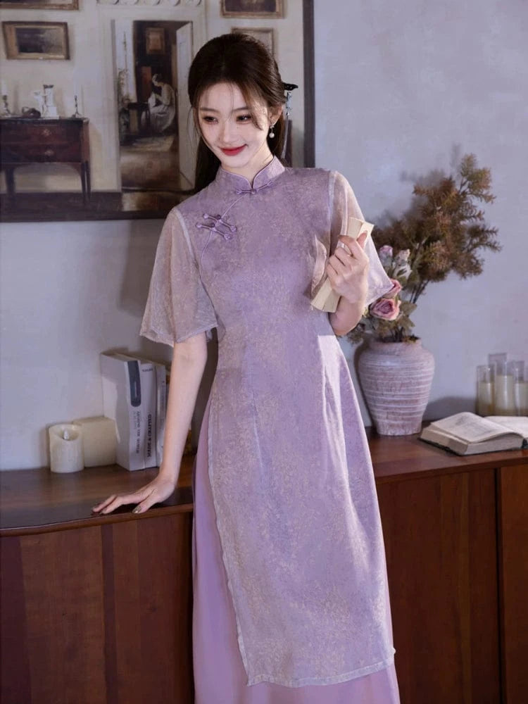 Beth and Brian Qipao-MYJ Floral pattern, purple midi Cheongsam
