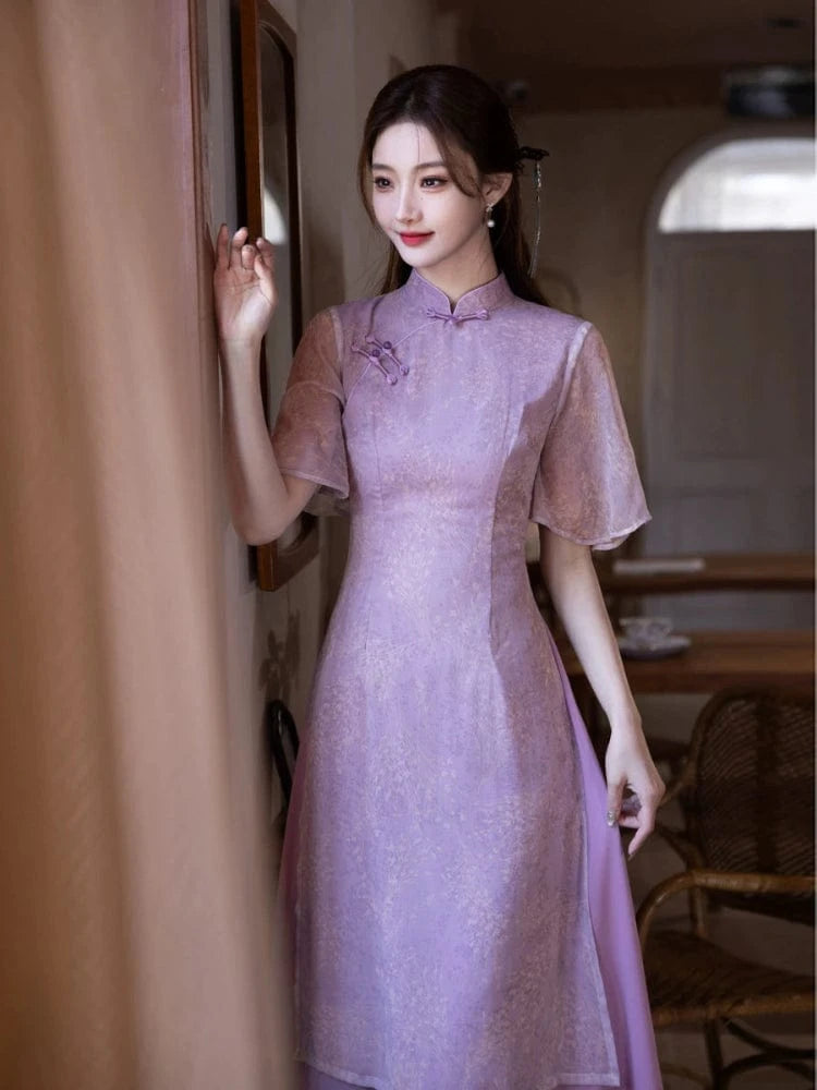 Beth and Brian Qipao-MYJ Floral pattern, purple midi Cheongsam