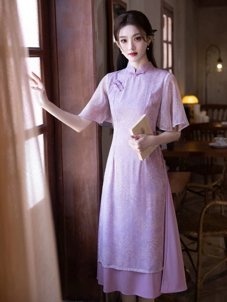 Beth and Brian Qipao-MYJ Floral pattern, purple midi Cheongsam