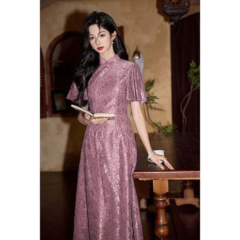 Beth and Brian Qipao-HY A-line, lace mid-length Cheongsam