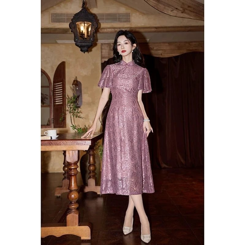 Beth and Brian Qipao-HY A-line, lace mid-length Cheongsam