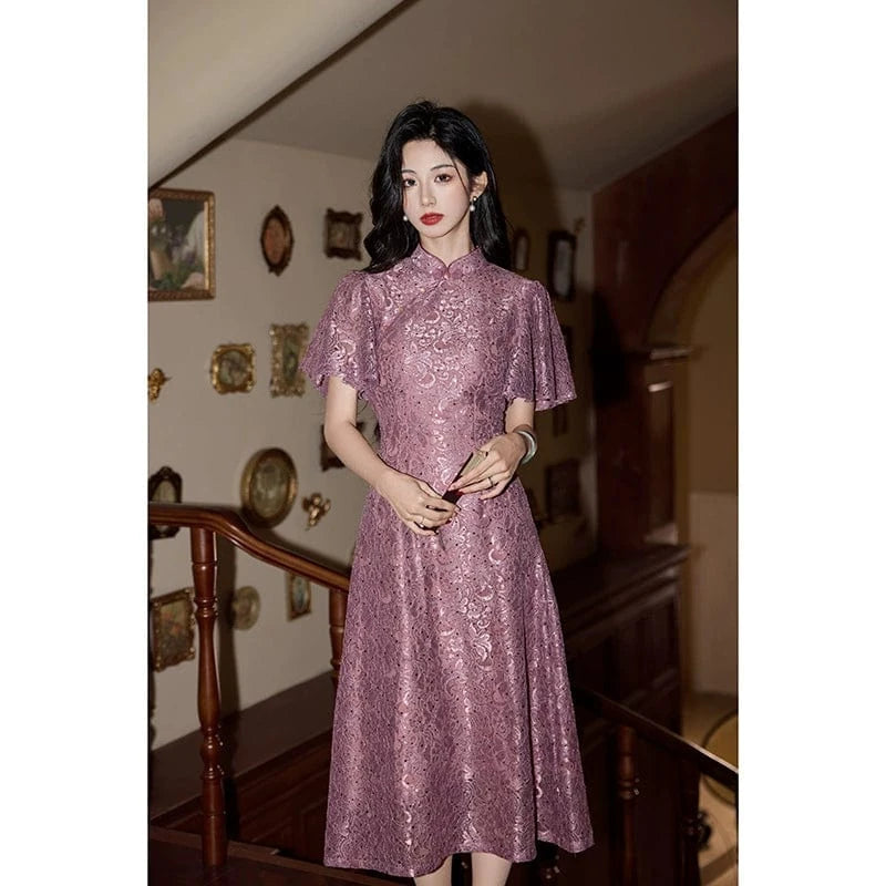 Beth and Brian Qipao-HY A-line, lace mid-length Cheongsam