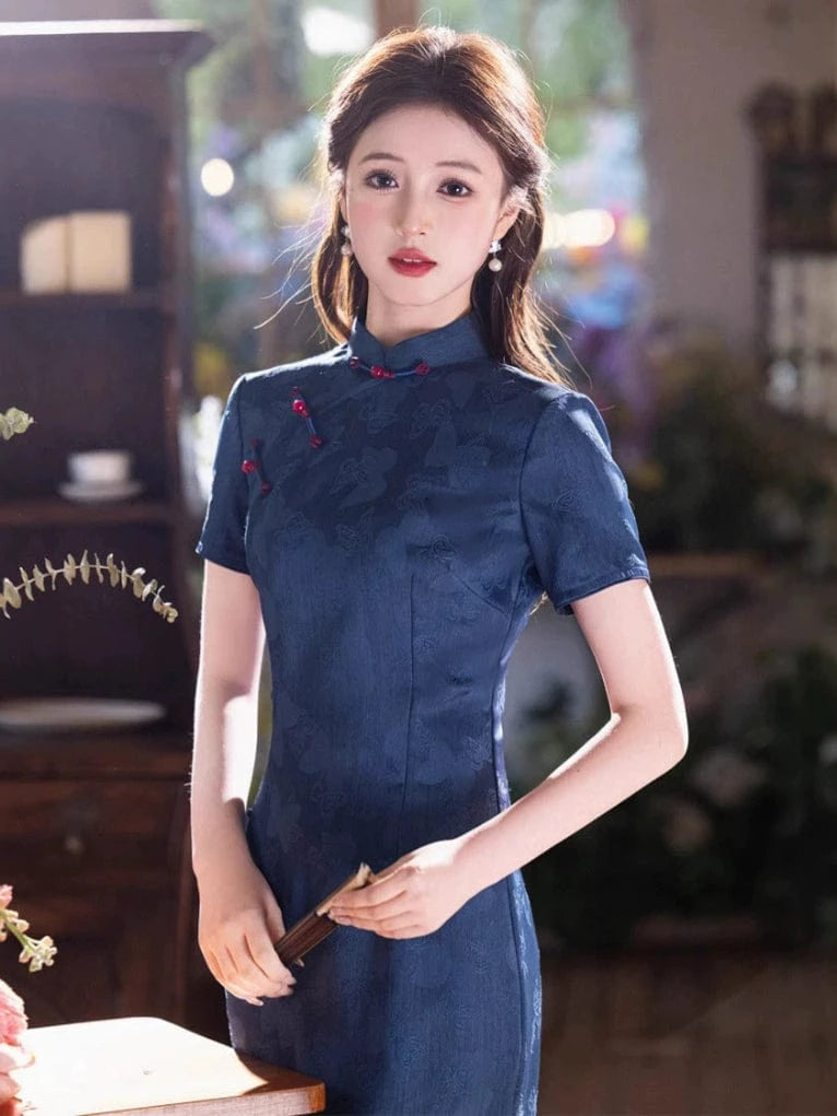 Beth and Brian Qipao - JN Butterfly pattern, blue midi Cheongsam