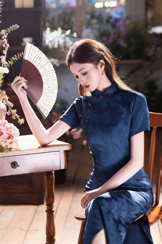 Beth and Brian Qipao - JN Butterfly pattern, blue midi Cheongsam