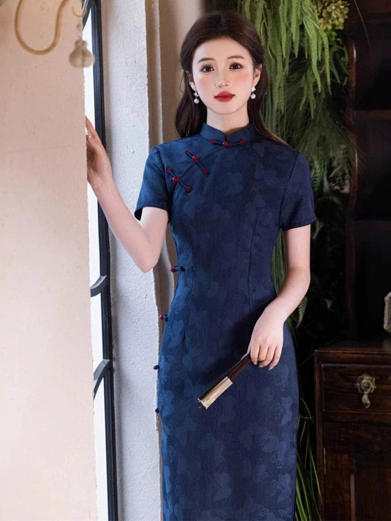 Beth and Brian Qipao - JN Butterfly pattern, blue midi Cheongsam
