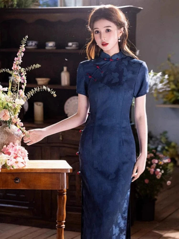 Beth and Brian Qipao - JN Butterfly pattern, blue midi Cheongsam