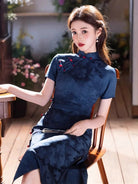 Beth and Brian Qipao - JN Butterfly pattern, blue midi Cheongsam