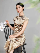 Beth and Brian Qipao-TQX Floral pattern, velvet long Cheongsam with raglan sleeves