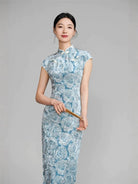 Beth and Brian Qipao-TQX Floral pattern, velvet long Cheongsam with raglan sleeves