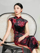 Beth and Brian Qipao-TQX Floral pattern, velvet long Cheongsam with raglan sleeves