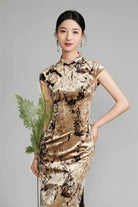 Beth and Brian Qipao-TQX Floral pattern, velvet long Cheongsam with raglan sleeves