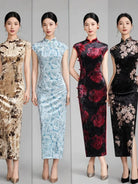 Beth and Brian Qipao-TQX Floral pattern, velvet long Cheongsam with raglan sleeves