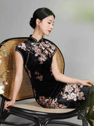 Beth and Brian Qipao-TQX Floral pattern, velvet long Cheongsam with raglan sleeves