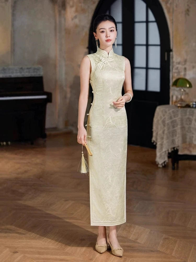Beth and Brian Qipao-JD Sleeveless, brocade satin fabric, champagne long Cheongsam