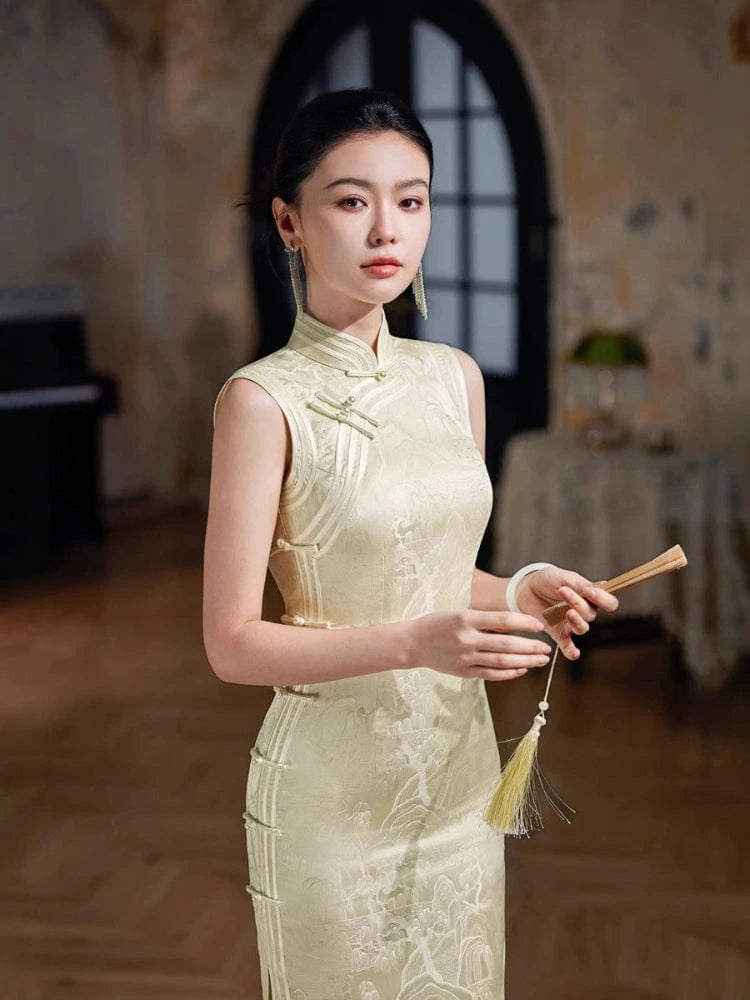 Beth and Brian Qipao-JD Sleeveless, brocade satin fabric, champagne long Cheongsam